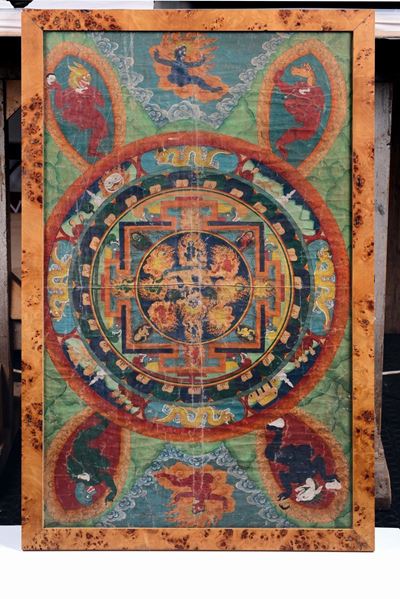 Tanka a Fondo Verde con Mandala Centrale e Diverse Divinità, Tibet, XIX Secolo