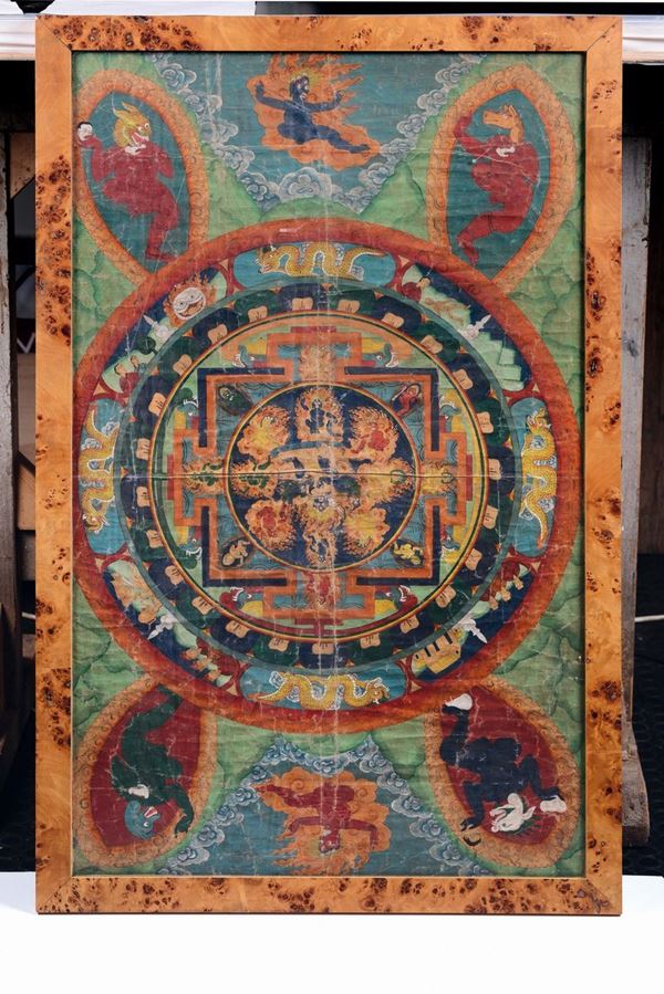Tanka a fondo verde con Mandala centrale e diverse divinità, Tibet, XIX secolo