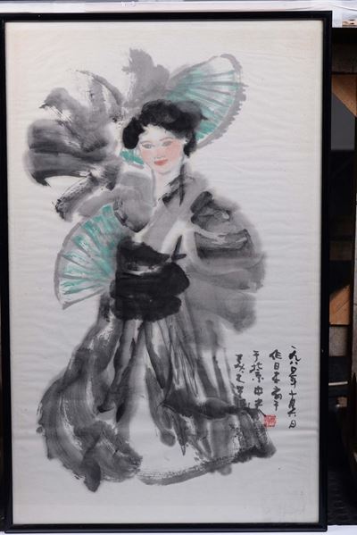 Acquarello su Carta Raffigurante Donna con Ventagli ed Iscrizione, Cina, XX Secolo
