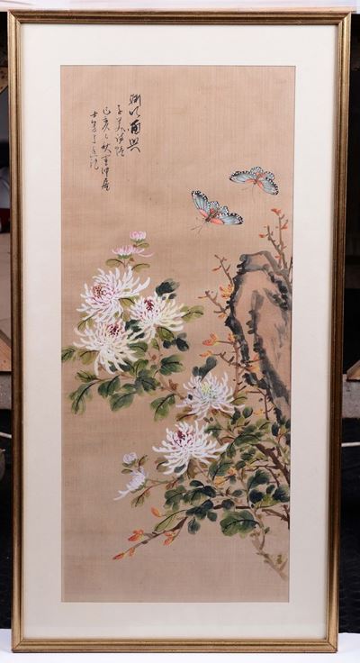 Dipinto su Carta con Fiori e Farfalle ed Iscrizione, Giappone, XX Secolo