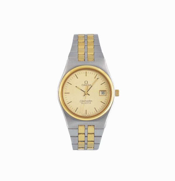OMEGA, Seamaster Quartz Ref. 1960195, center seconds, water resistant, stainless steel and gold-plated quartz wristwatch with date and a steel Omega deployant clasp. Made circa 1970