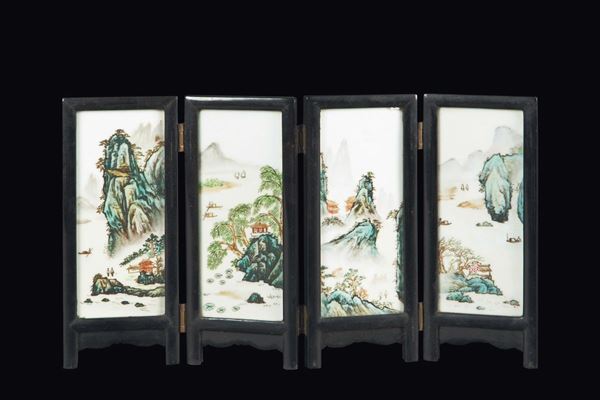 A small four-shutter screen with polychrome enamelled porcelain plaques depicting river landscapes, China, Qing Dynasty, 19th century