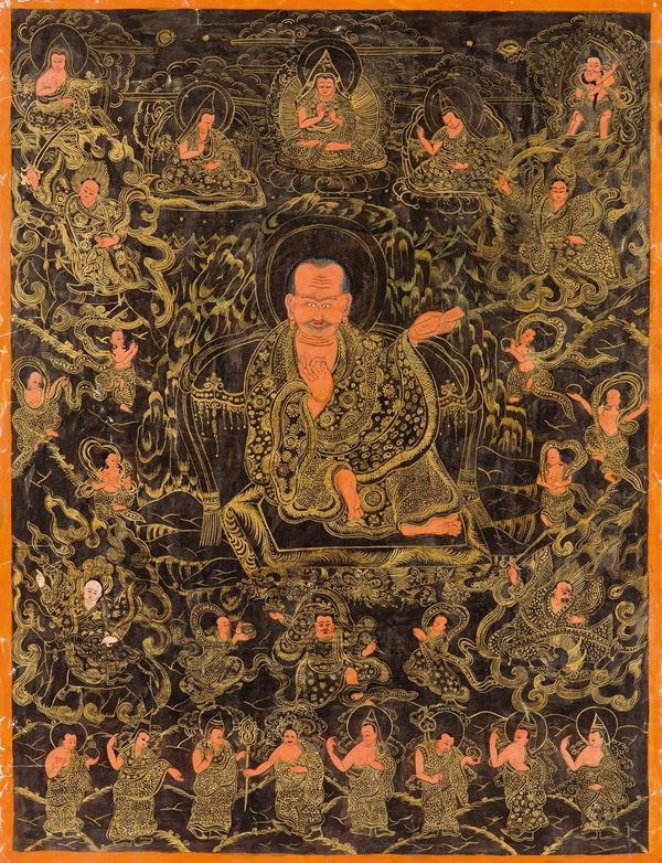 Tanka su carta a fondo marrone con divinità e Lama, Tibet, XIX secolo
