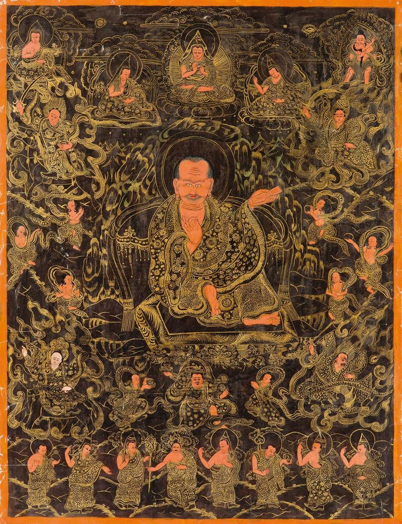 Tanka su carta a fondo marrone con divinità e Lama, Tibet, XIX secolo  - Asta Fine Chinese Works of Art - Cambi Casa d'Aste