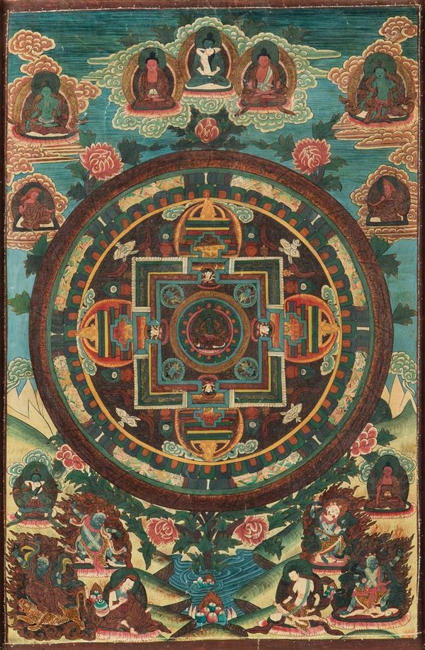 Tanka a fondo verde con Mandala centrale e diverse divinità intorno, Tibet, XIX secolo