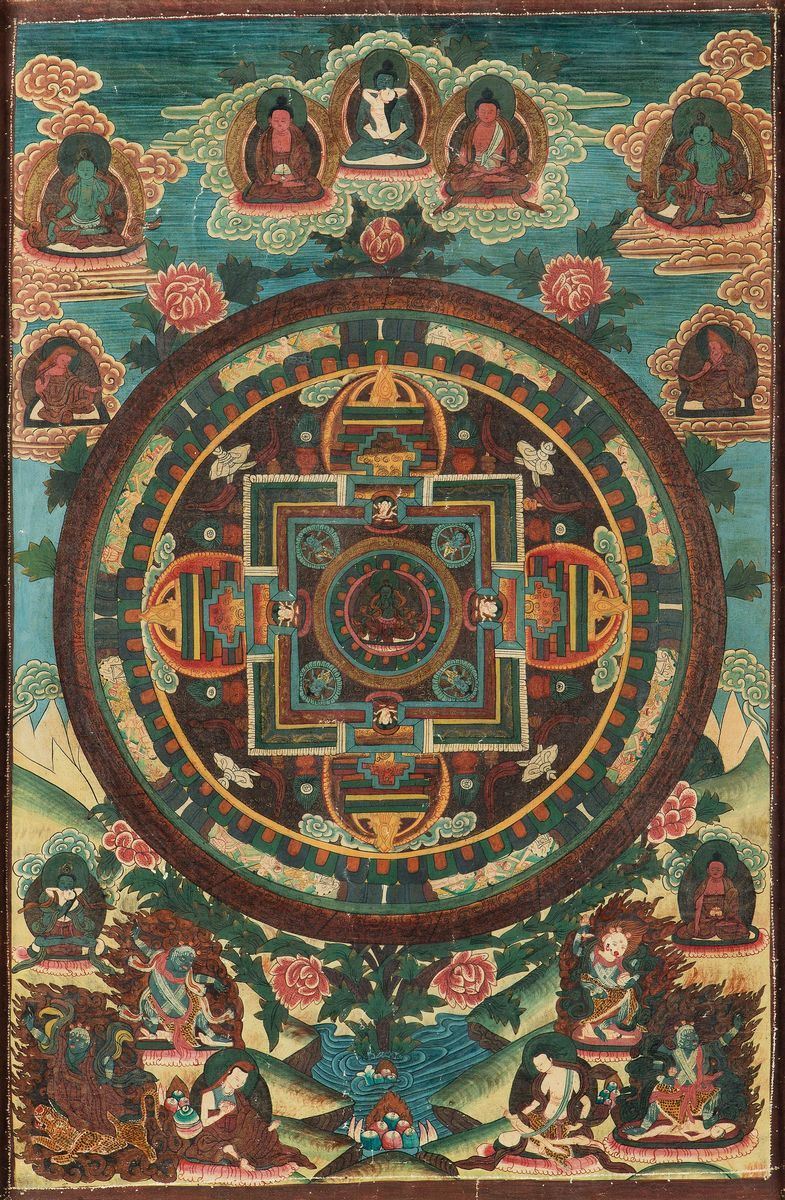 Tanka a fondo verde con Mandala centrale e diverse divinità intorno, Tibet, XIX secolo  - Asta Fine Chinese Works of Art - Cambi Casa d'Aste
