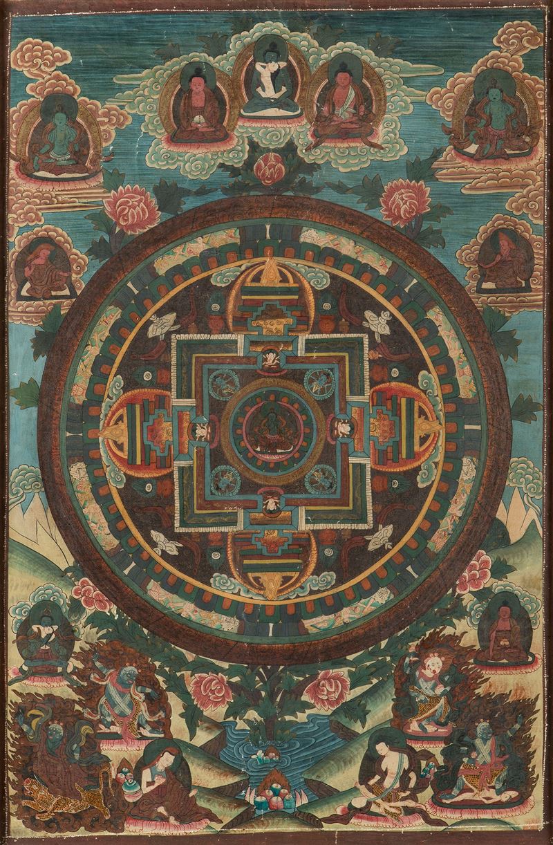 Tanka a fondo verde con Mandala centrale e diverse divinità intorno, Tibet, XIX secolo  - Asta Fine Chinese Works of Art - Cambi Casa d'Aste