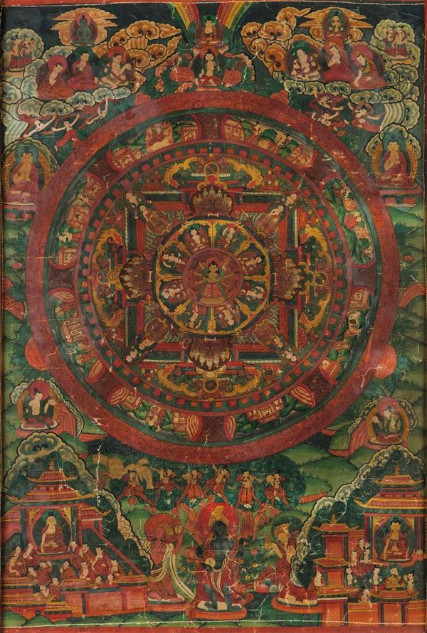 A green-ground tanka with Buddha's Mandala, Tibet, 19th century