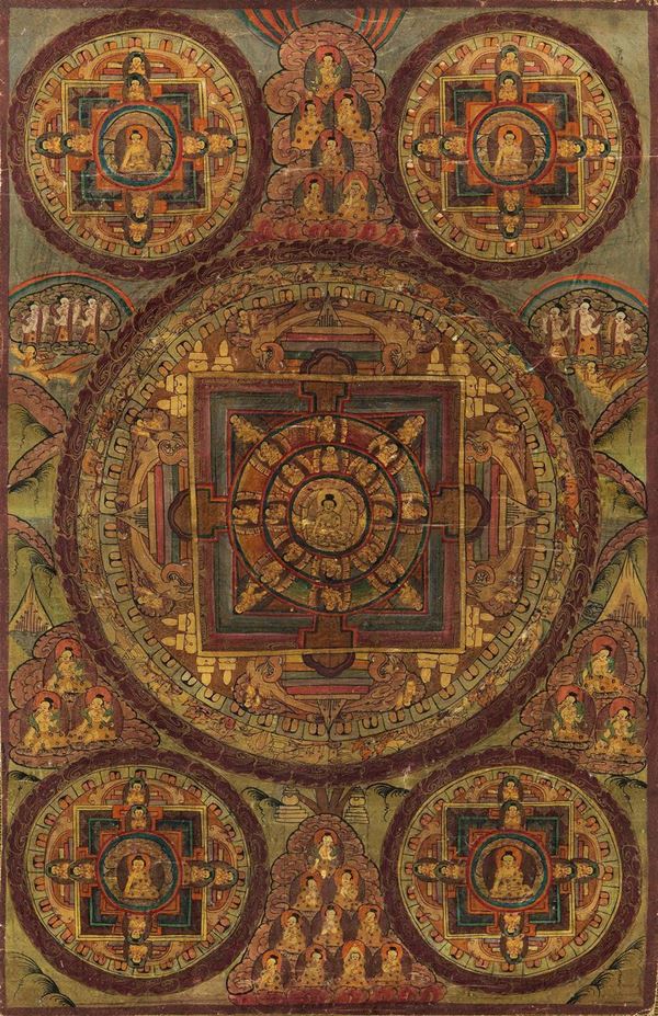 A five Mandala tanka with figures of Buddha, Tibet, 19th century