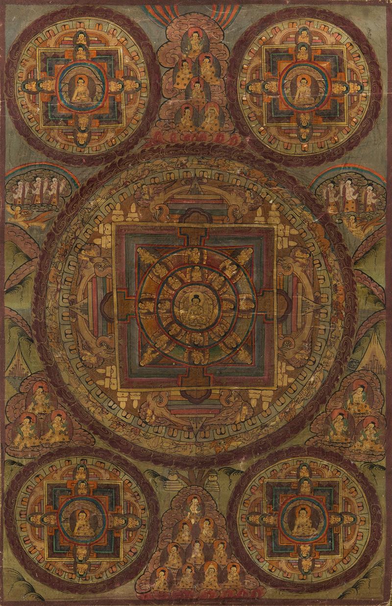 Tanka a cinque Mandala con raffigurazioni di Buddha, Tibet, XIX secolo  - Asta Fine Chinese Works of Art - Cambi Casa d'Aste