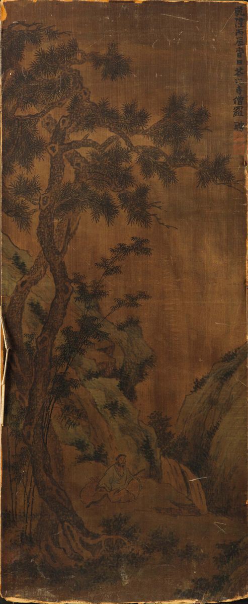 Dipinto su seta raffigurante saggio sotto albero con iscrizione e firma dell'autore Luo Pin, Cina, Dinastia Qing, XVIII secolo