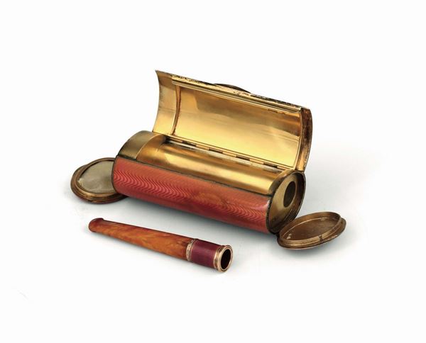 Set da fumo in oro, smalto, ambra e brillanti, marchio Fabergè, Russia XIX-XX