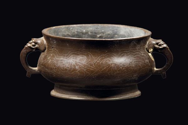 Incensiere con manici in bronzo con decoro di pipistrelli, Cina, Dinastia Ming, XVII secolo