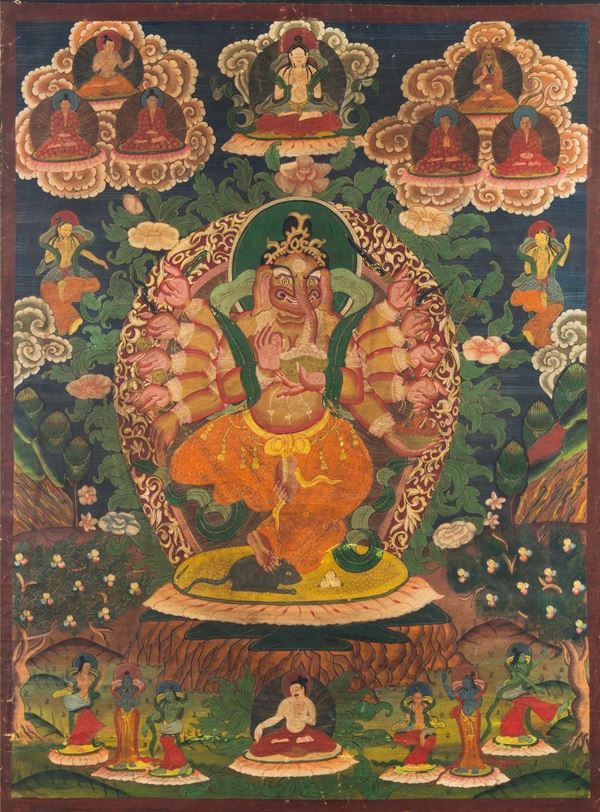 Two green-ground tanka, one with Buddha and one with Ganesh, Tibet, 19th century
