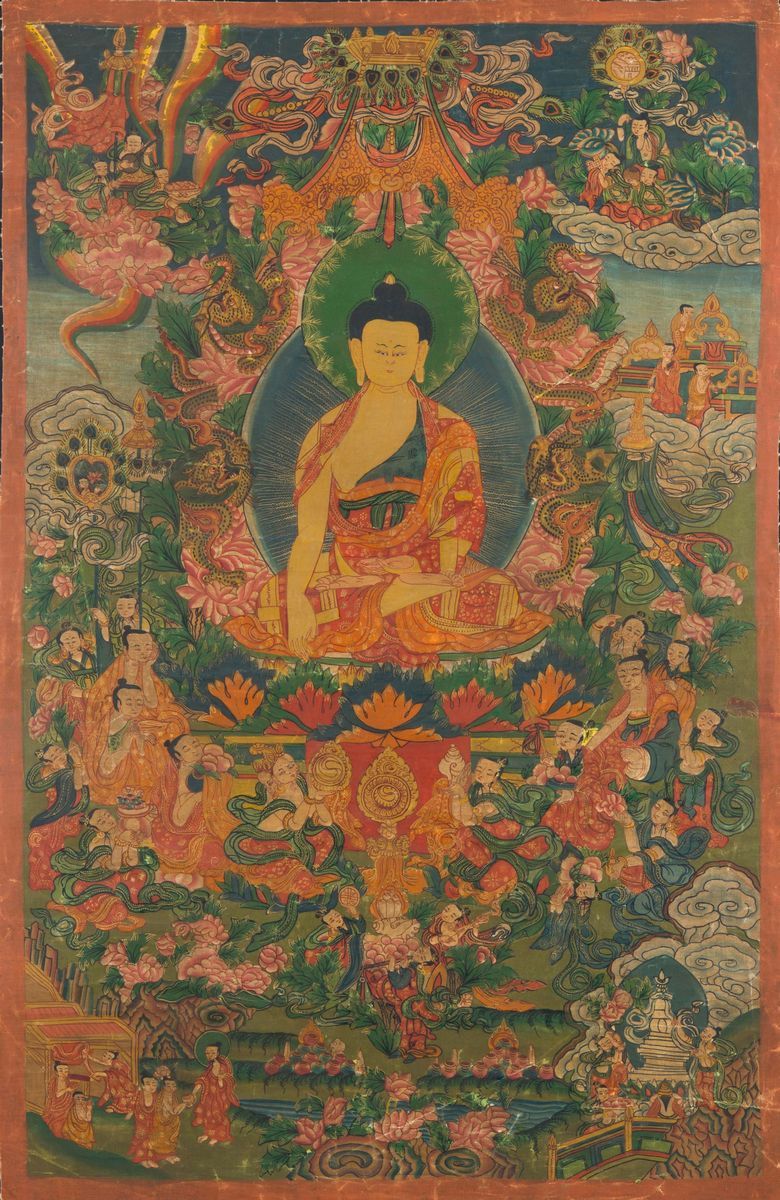 Due Tanka a Fondo Verde uno con Immagine di Buddha ed uno Raffigurante Ganesh, Tibet, XIX Secolo