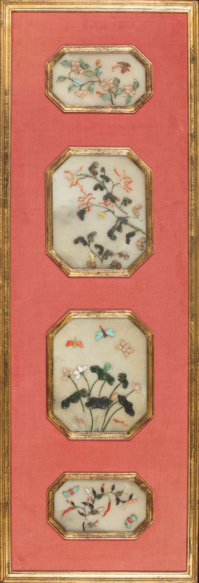 Due Pannelli Composti da Otto Placche in Giada Bianca Celadon con Intarsi in Pietre Dure Raffigur...