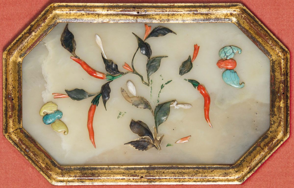 Due Pannelli Composti da Otto Placche in Giada Bianca Celadon con Intarsi in Pietre Dure Raffigur...