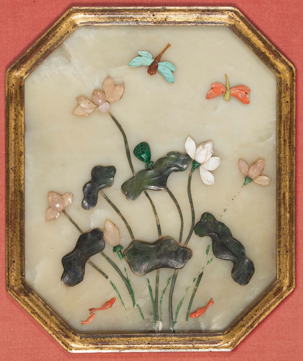 Due Pannelli Composti da Otto Placche in Giada Bianca Celadon con Intarsi in Pietre Dure Raffigur...