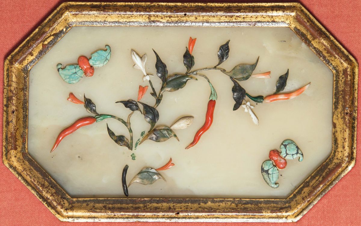 Due Pannelli Composti da Otto Placche in Giada Bianca Celadon con Intarsi in Pietre Dure Raffigur...