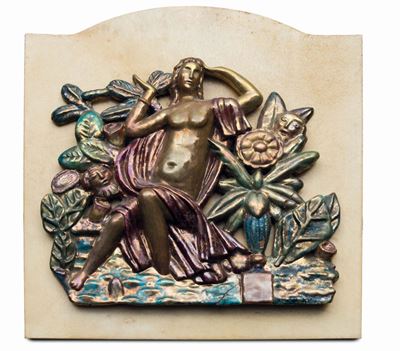 Pietro Melandri (1885-1976), Faenza, 1940 ca., Faenza — Figura di bagnante in giardino fantastico...