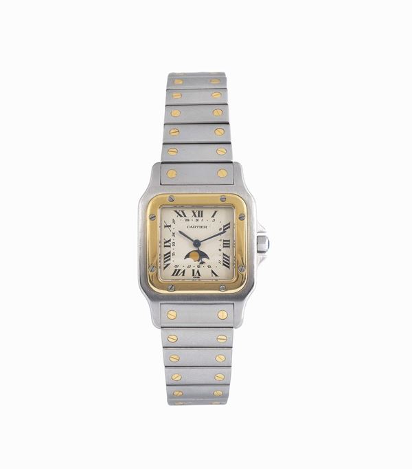 CARTIER, Paris, Santos, fine, square,  stainless steel and gold, water resistant, astronomie wristwatch with date and moon phases and an integrated Cartier bracelet with deployant clasp. Made circa 1980