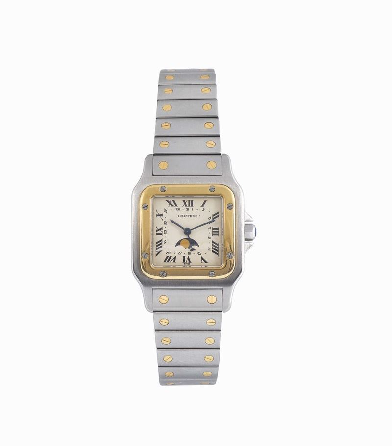 CARTIER, Paris, Santos, fine, square,  stainless steel and gold, water resistant, astronomie wristwatch with date and moon phases and an integrated Cartier bracelet with deployant clasp. Made circa 1980  - Auction Watches and Pocket Watches - Cambi Casa d'Aste