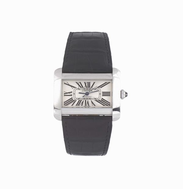 CARTIER, Tank Divan, Automatic, Ref. 2612,  horizontal rectangular and curved, center seconds, self-winding, water resistant, stainless steel wristwatch with a Cartier stainless steel buckle. Made circa 2008