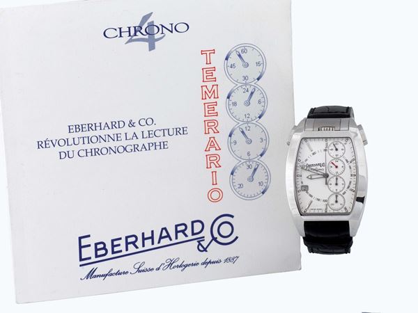 EBERHARD, “Chrono 4 Temerario”, case No. 4331, Ref. 31047, unusual, curved tonneau shaped, self-winding, water-resistant stainless steel wristwatch with wedge shaped button chronograph, vertically aligned registers, 24-hour indication, tachometer, date aperture, patented crown protection system and a stainless steel Eberhard deployant clasp with locking catch. Accompanied by the  warranty. Made circa 2006