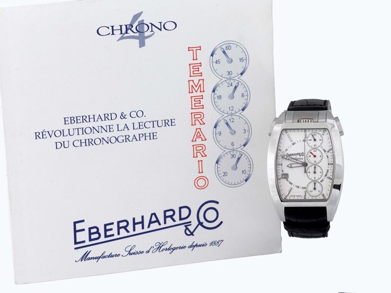 EBERHARD, “Chrono 4 Temerario”, case No. 4331, Ref. 31047, unusual, curved tonneau shaped, self-winding, water-resistant stainless steel wristwatch with wedge shaped button chronograph, vertically aligned registers, 24-hour indication, tachometer, date aperture, patented crown protection system and a stainless steel Eberhard deployant clasp with locking catch. Accompanied by the  warranty. Made circa 2006  - Auction Watches and Pocket Watches - Cambi Casa d'Aste