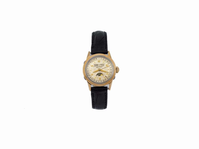 MOVADO, orologio da polso, in acciaio e laminato oro con triplo calendario e fasi lunari. Realizzato circa nel 1940  - Asta Orologi da Polso e da Tasca - Cambi Casa d'Aste