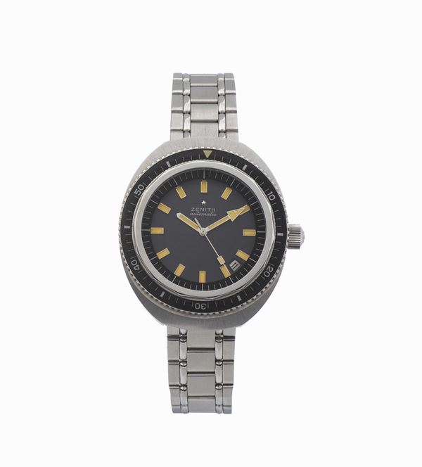ZENITH, Automatic, stainless steel, water resistant, self-winding wristwatch with date and a steel Zenith bracelet with deployant clasp. Made circa 1970