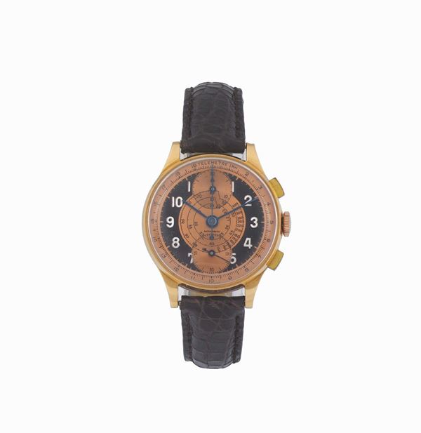 UNSIGNED, 18K yellow gold chronograph wristwatch with telemeter and tachometer graduation. Made circa 1960