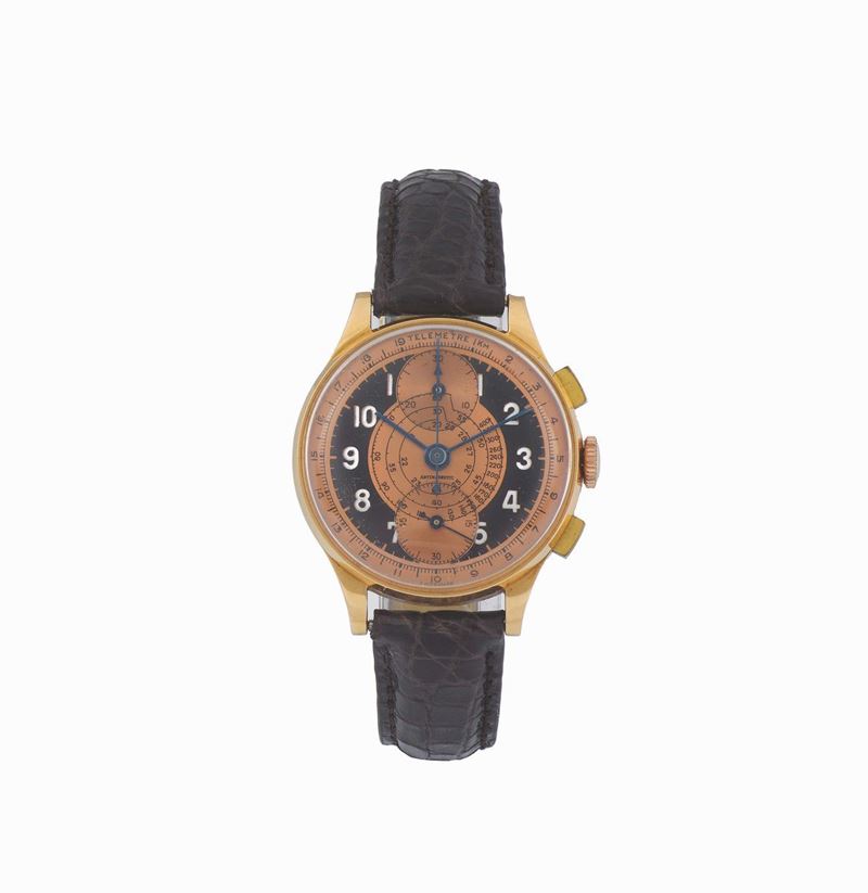 UNSIGNED, 18K yellow gold chronograph wristwatch with telemeter and tachometer graduation. Made circa 1960  - Auction Watches and Pocket Watches - Cambi Casa d'Aste