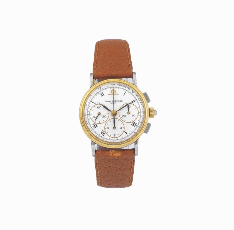Baume & Mercier, Genève, Ref. 6101-099, stainless steel and yellow gold wristwatch with square button chronograph, registers, tachometer. Accompanied by the original box and Guarantee.  Made 1980  - Auction Watches and Pocket Watches - Cambi Casa d'Aste