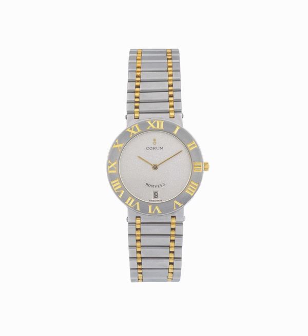 CORUM, Romulus”, Ref. 43.903.21, water-resistant, stainless steel and yellow gold quartz wristwatch with date and an integrated, stainless steel and yellow gold Corum link bracelet with double deployant clasp. Made circa 1990