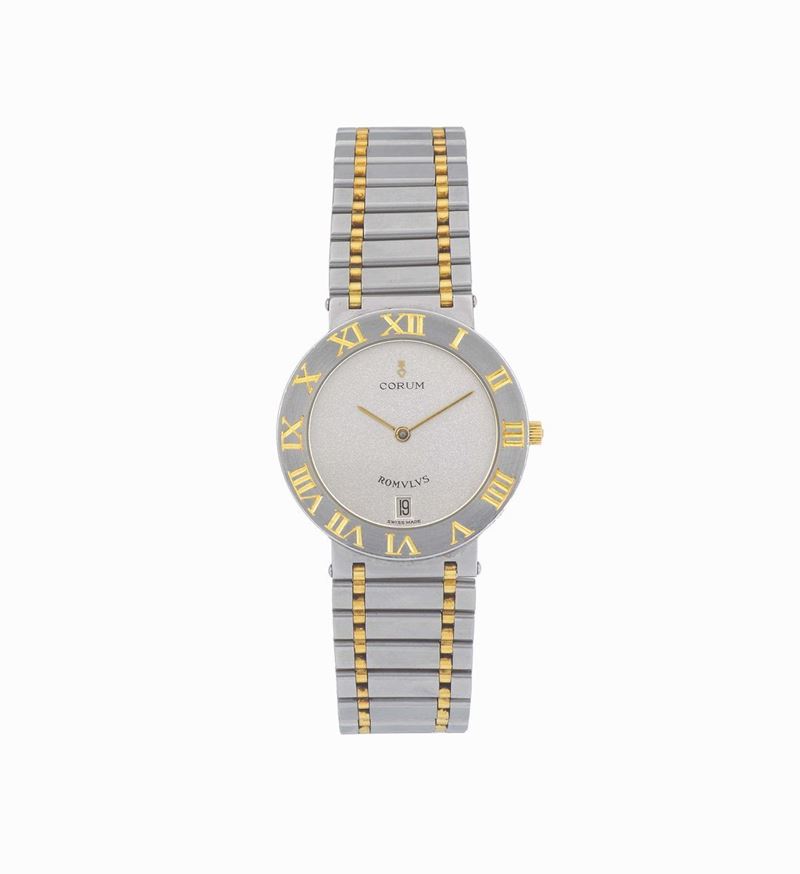 CORUM, Romulus”, Ref. 43.903.21, water-resistant, stainless steel and yellow gold quartz wristwatch with date and an integrated, stainless steel and yellow gold Corum link bracelet with double deployant clasp. Made circa 1990  - Auction Watches and Pocket Watches - Cambi Casa d'Aste