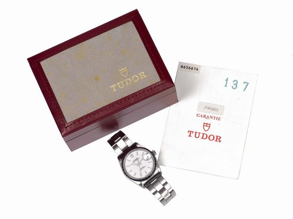 TUDOR, Prince Oysterdate - Rotor-Self winding, case No. B 656614, Ref. 74020,  center seconds, self-winding, water-resistant, stainless steel wristwatch with date and a stainless steel Tudor bracelet with deployant clasp, case made by Rolex. Accompanied by the original box and Guarantee. Sold in 1994