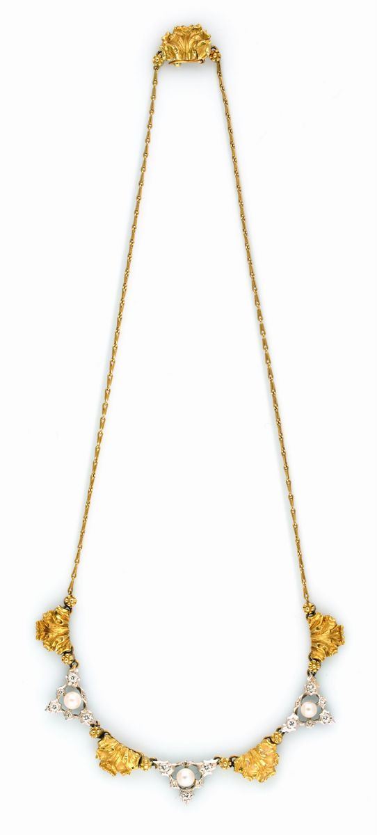 A gold, diamond and pearl necklace. Mario Buccellati