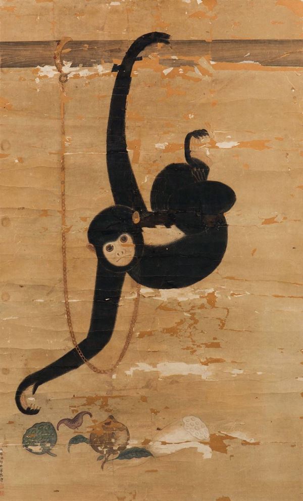 Dipinto su carta raffigurante scimmia firmato Un politico del mare Occidentale denominato Shining, attribuito a Giuseppe Castiglione (1688-1766)
