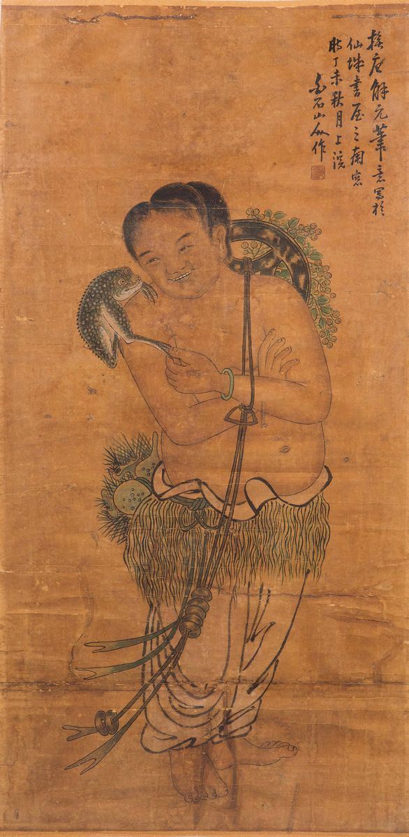 Dipinto su carta raffigurante fanciullo con rana ed iscrizione con firma dell'autore Jie Yuanhua, Cina, Dinastia Qing, XVIII secolo