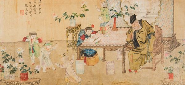 Dipinto su carta raffigurante attendente con fanciulli ed iscrizione con firma dell'autore Jiao Bingzhen, Cina, Dinastia Qing, XVIII secolo