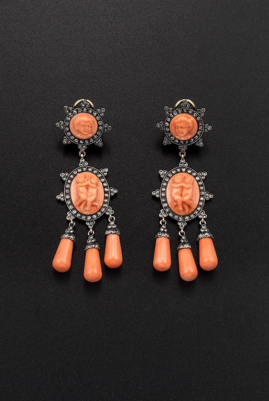 Pair of coral, diamond, low karat gold and silver pendent earrings. Puttini, Capri