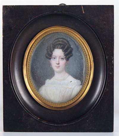 Miniatura Raffigurante Ritratto di Dama con Abito Bianco, XIX Secolo