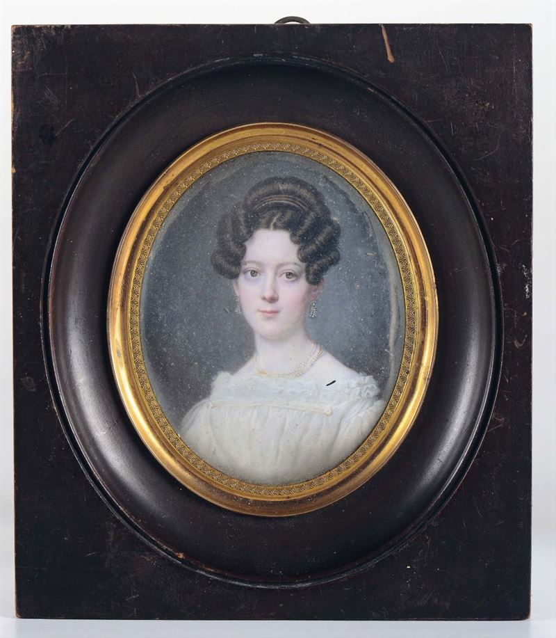 Miniatura raffigurante ritratto di dama con abito bianco, XIX secolo  - Auction Fine art - II - Cambi Casa d'Aste