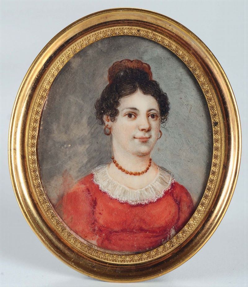Miniatura raffigurante ritratto di dama con abito rosso, XIX secolo  - Asta Antiquariato - II - Cambi Casa d'Aste
