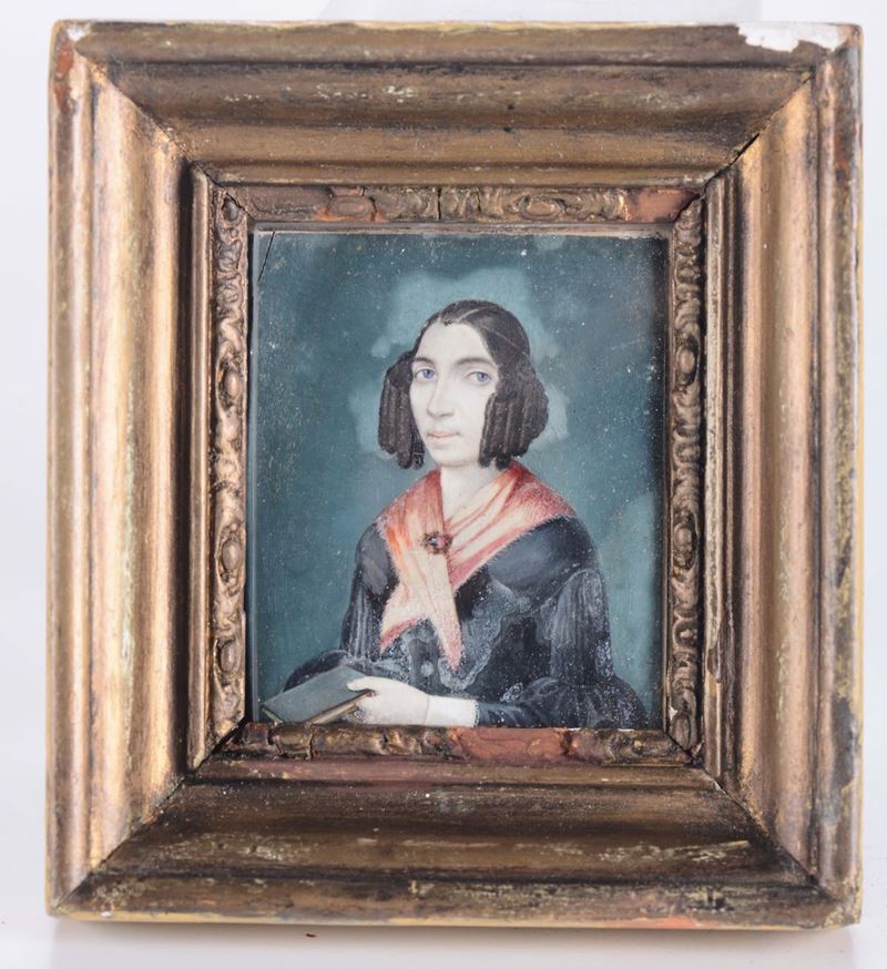 Miniatura raffigurante ritratto di dama con libro, XIX secolo  - Asta Antiquariato - II - Cambi Casa d'Aste