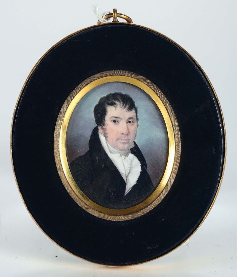 Miniatura raffigurante ritratto maschile con abito nero e gilet bianco, XIX secolo  - Auction Fine art - II - Cambi Casa d'Aste