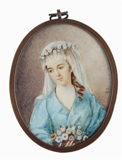 Miniatura Raffigurante Donna con Corona di Fiori, XIX Secolo