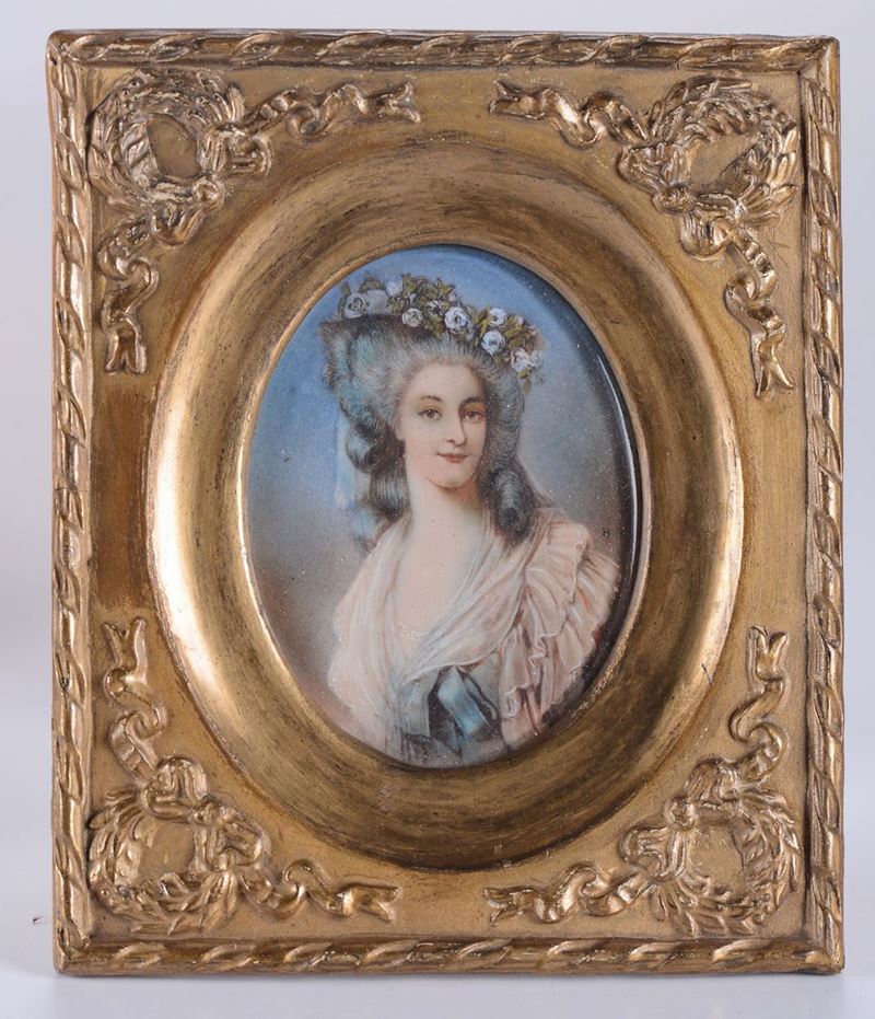 Miniatura raffigurante donna con scialle rosa e corona floreale, XIX secolo  - Auction Fine art - II - Cambi Casa d'Aste