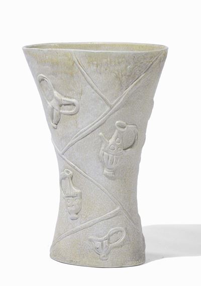 Società Ceramica Italiana, Vaso portaombrelli in terraglia forte modellata con decorazioni a rili...